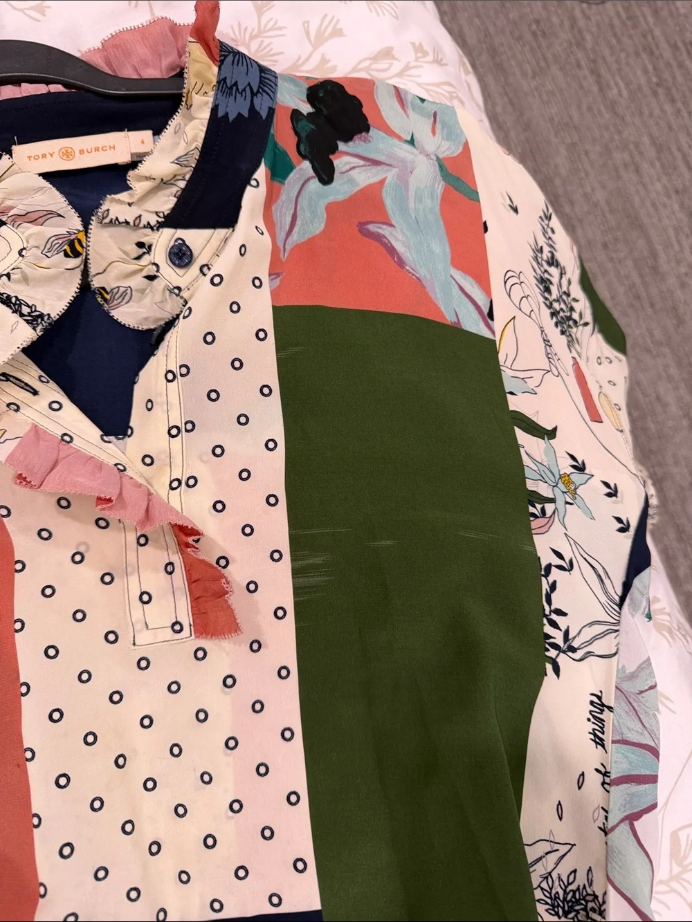 Tory Burch Patchwork Print Jean Jacket in Green, Coral & Navy